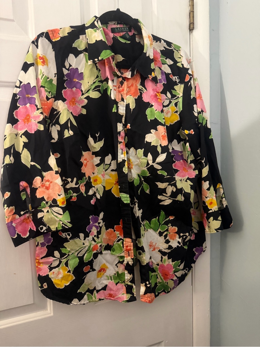 Lauren Ralph Lauren 1X Black Multicolor Floral Button Down Shirt 100% Cotton